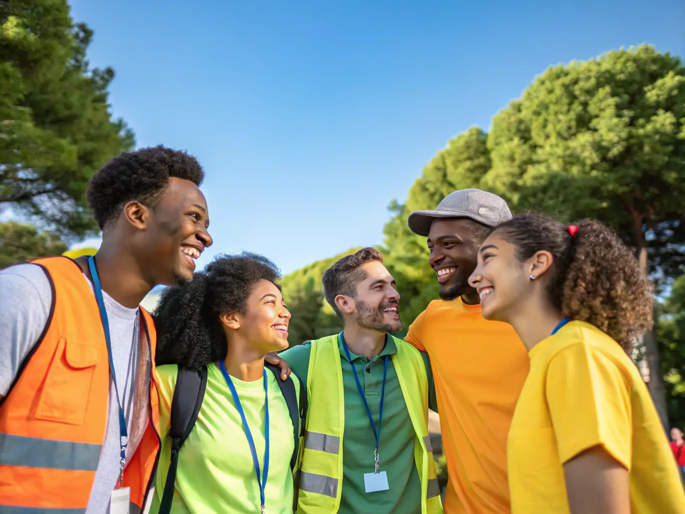 A group of children participating in a community activity, smiling and engaging with mentors outdoors, representing PEPV's Child Support Programs.