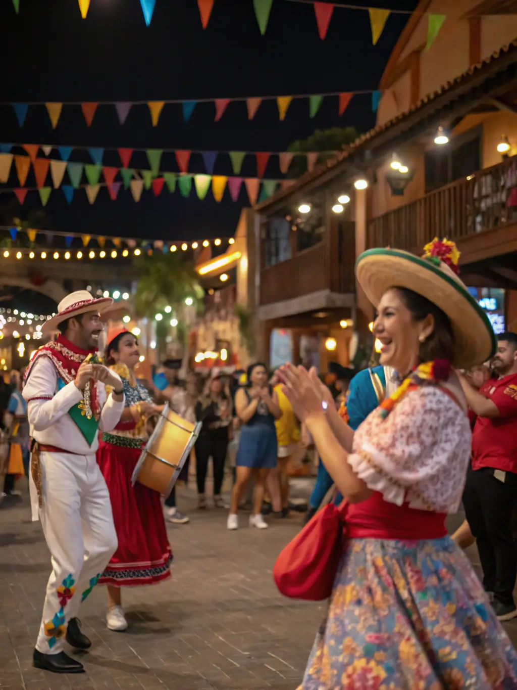 A dynamic image of a community festival supported by Bim Bam Baume!, featuring local musicians, food vendors, and families enjoying the festivities.