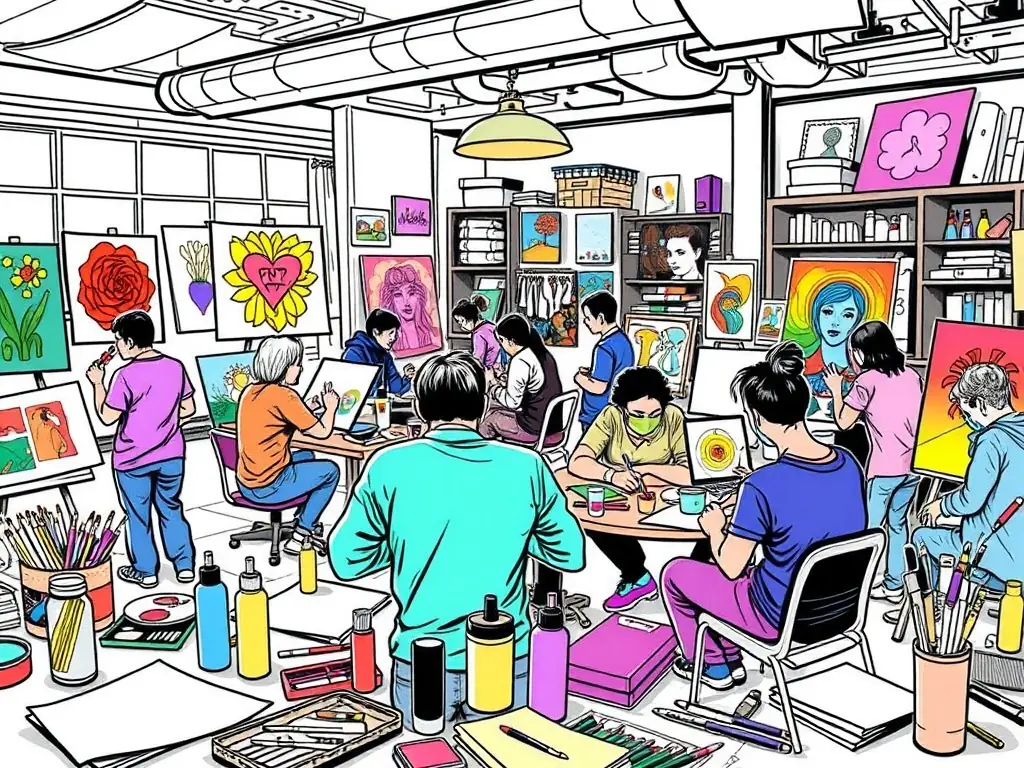 A vibrant image depicting a community art workshop in Baume-Cornillane, with participants of all ages engaged in painting and crafting, reflecting Bim Bam Baume!'s commitment to fostering local creativity.