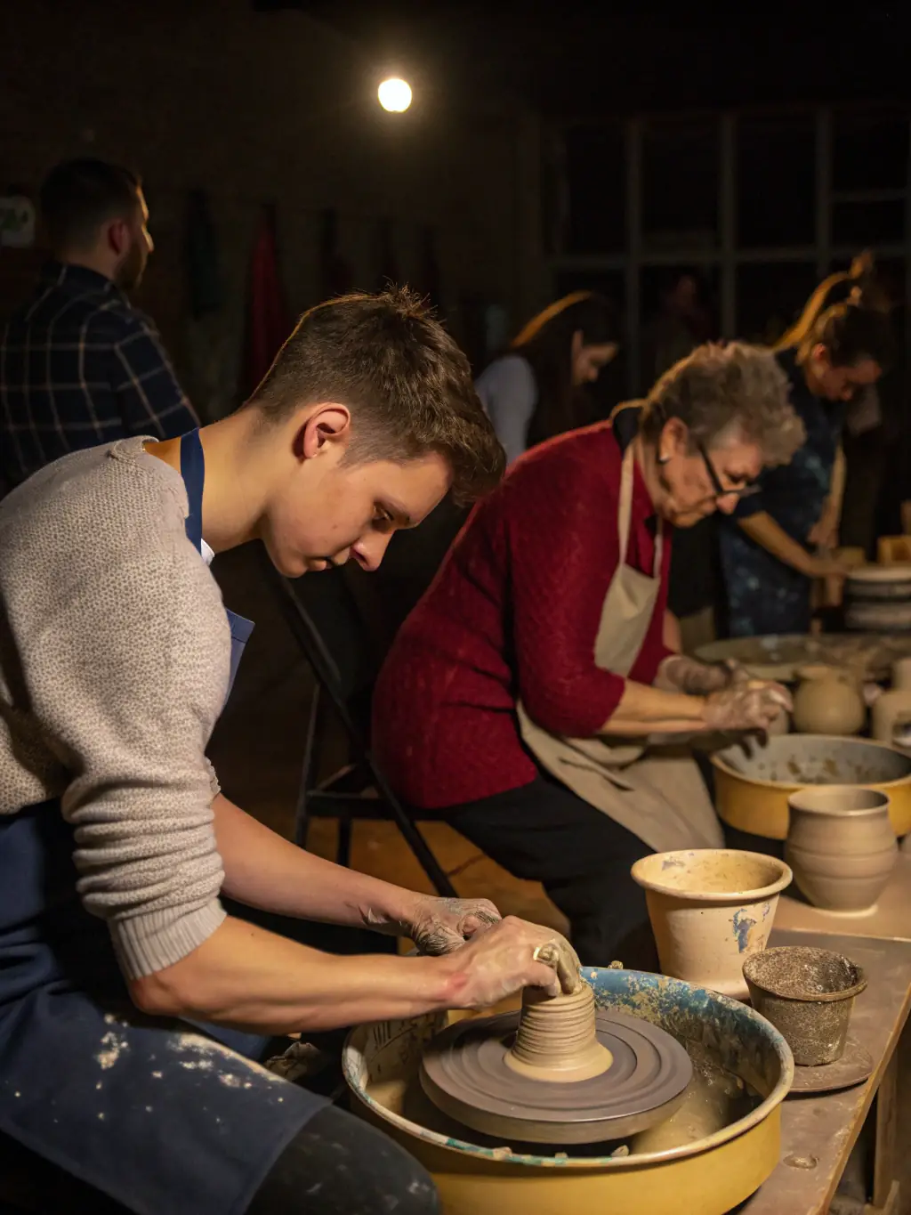 A photograph of a pottery workshop facilitated by Bim Bam Baume!, showing participants creating unique ceramic pieces with expert guidance.