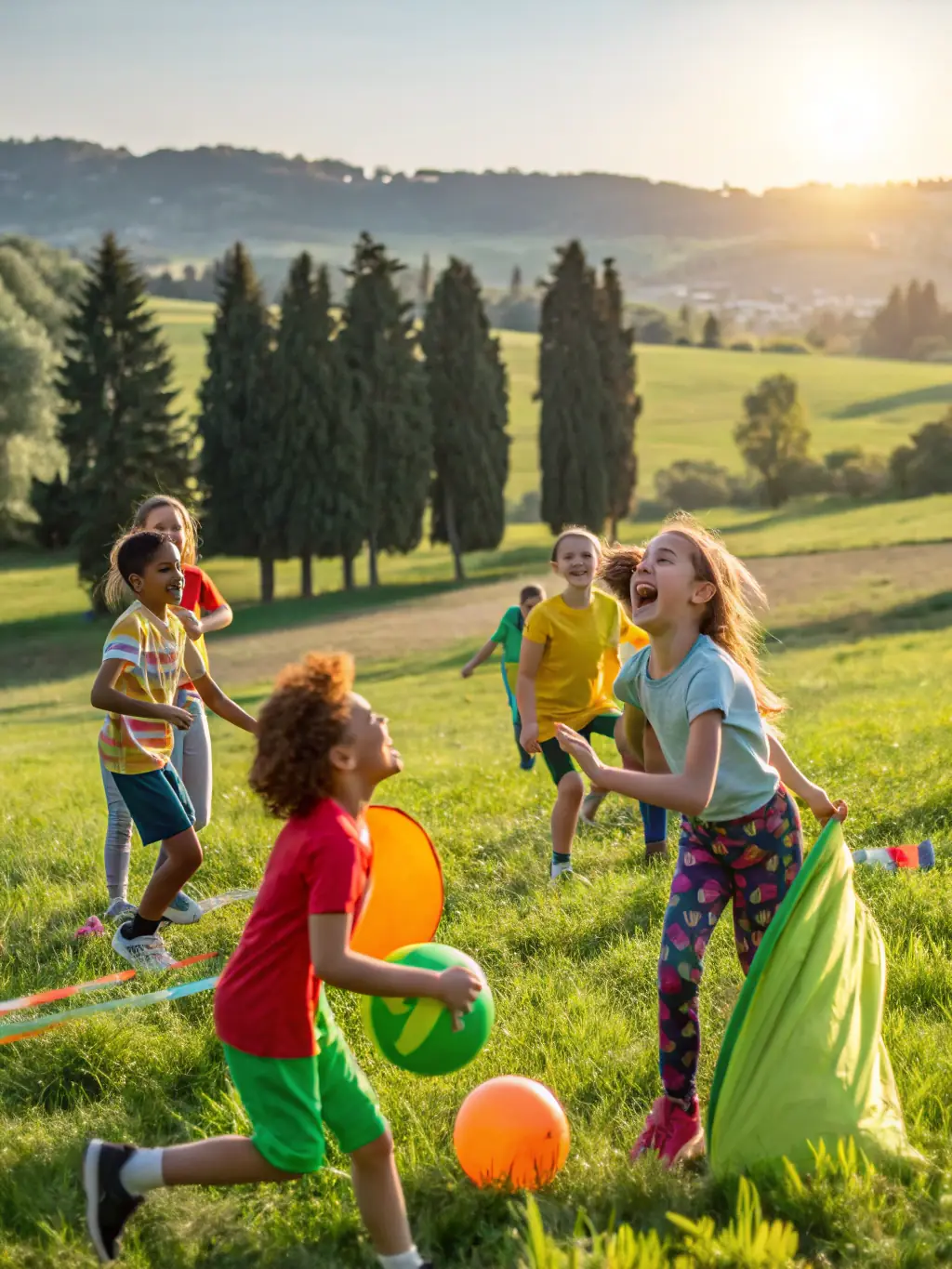 A vibrant photograph capturing children participating in an outdoor art workshop organized by Bim Bam Baume!, with colorful paintings and enthusiastic expressions.